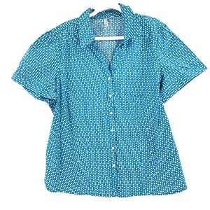 St. Johns Bay Polka Dot Button Front Blouse Women's 3X Blue Stretch V-Neck Shirt